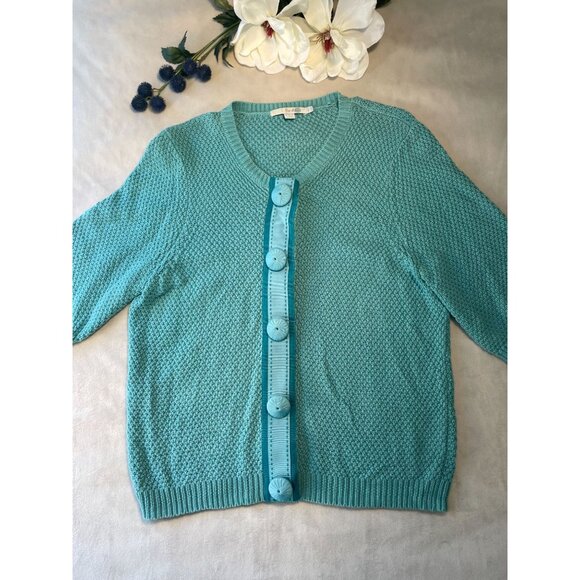 Boden Womens Teal Texture Knit Cardigan Fabric Covered Buttons Y2K M Cottagecore - Picture 1 of 10